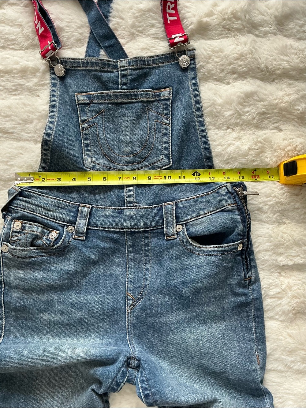 True Religion Blue Denim Overalls with Maroon Branded Straps - Picture 6 of 9